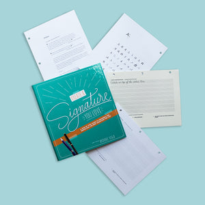 Image of the guide pages, sample alphabets, and worksheets in Create a Signature You Love