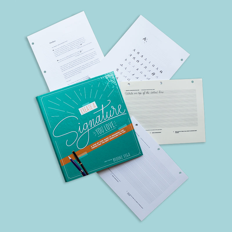 Image of the guide pages, sample alphabets, and worksheets in Create a Signature You Love